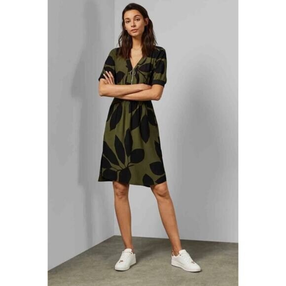 TED BAKER Telavee Maple Swirl Zip Front Dress In Khaki Size 4 - Picture 5 of 12